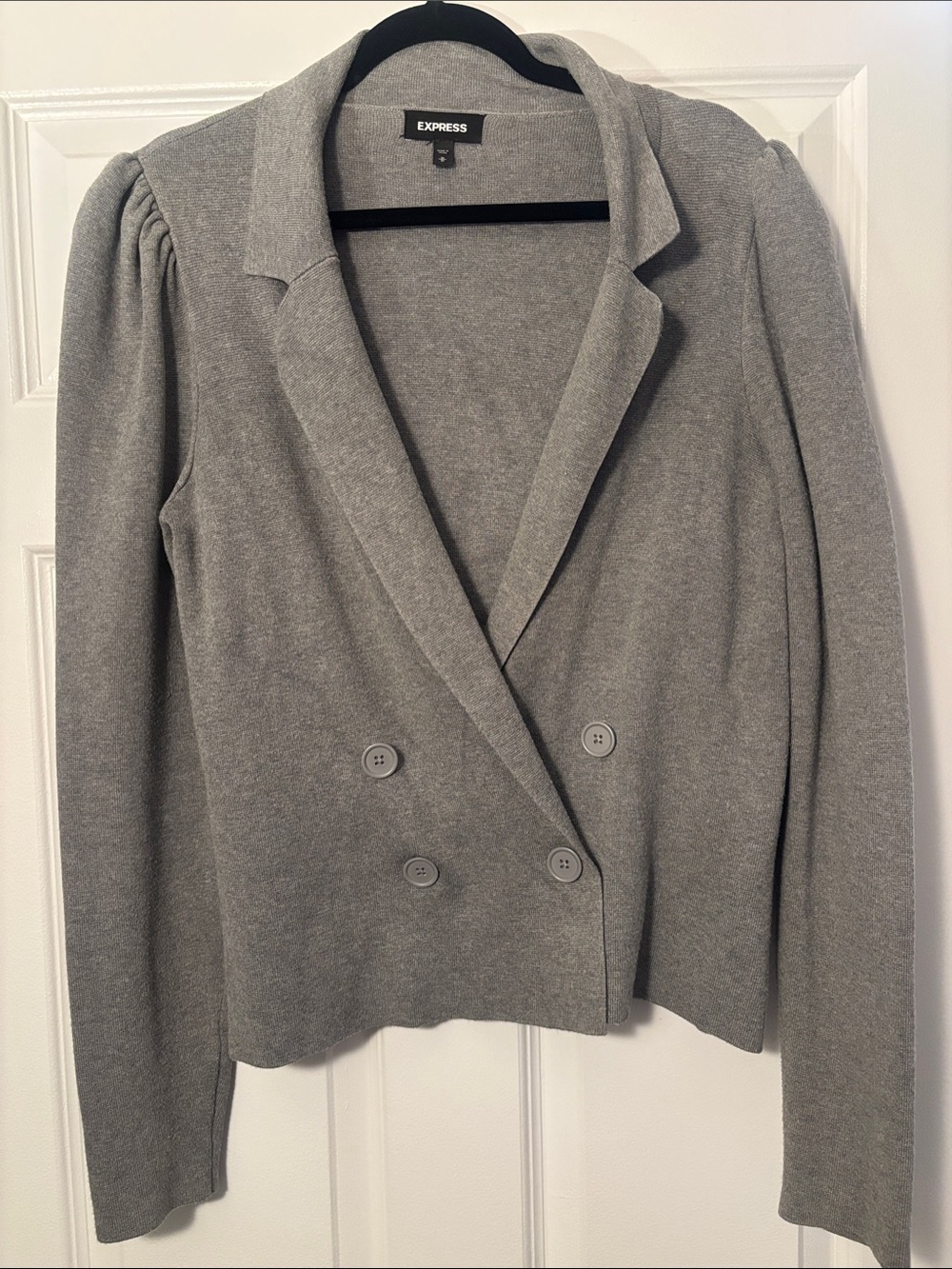 Express Gray Double-Breasted Knit Blazer with Puff Shoulders